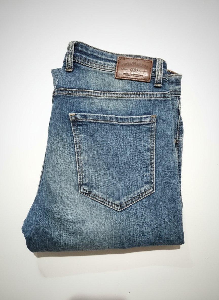 Jean en denim bleu avec de légères finitions usées/déchirées sur le devant des jambes 