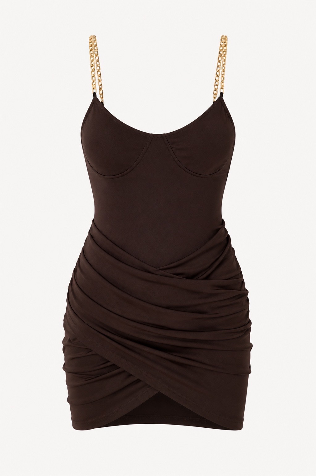 This is a PrettyLittleThing Chocolate Corset Chain Strap Bodycon Dress