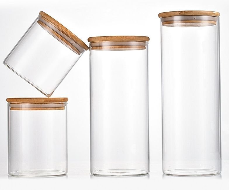 Série boîte en verre avec couvercle en bois bambou 