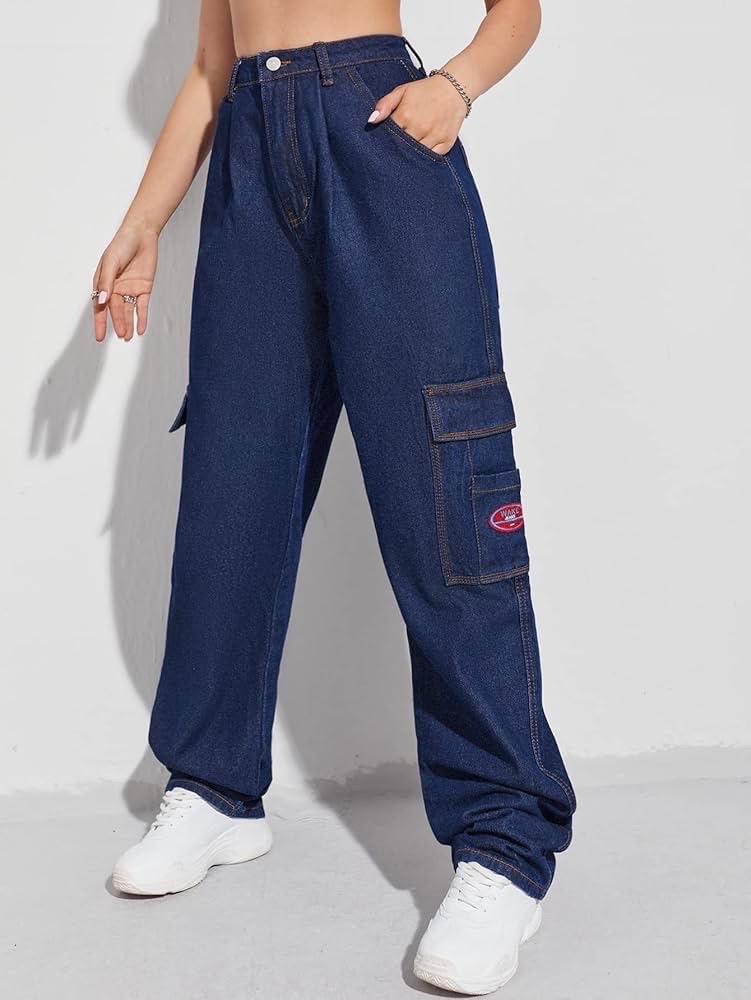 SHEIN EZwear Patched Detail Flap Pocket Wide Leg jeans