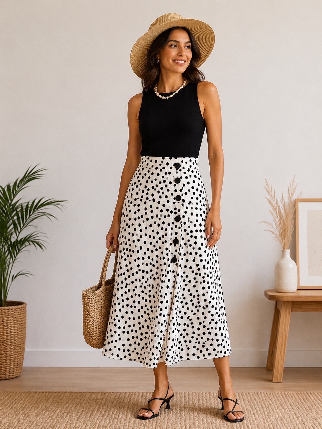 Jupe midi à pois noir et blanc