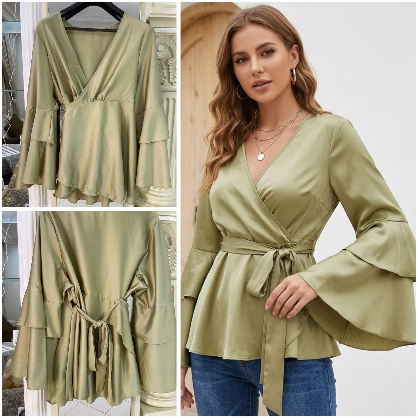 Trop jolie chemise satiné croisé vert pistache couleur pastel