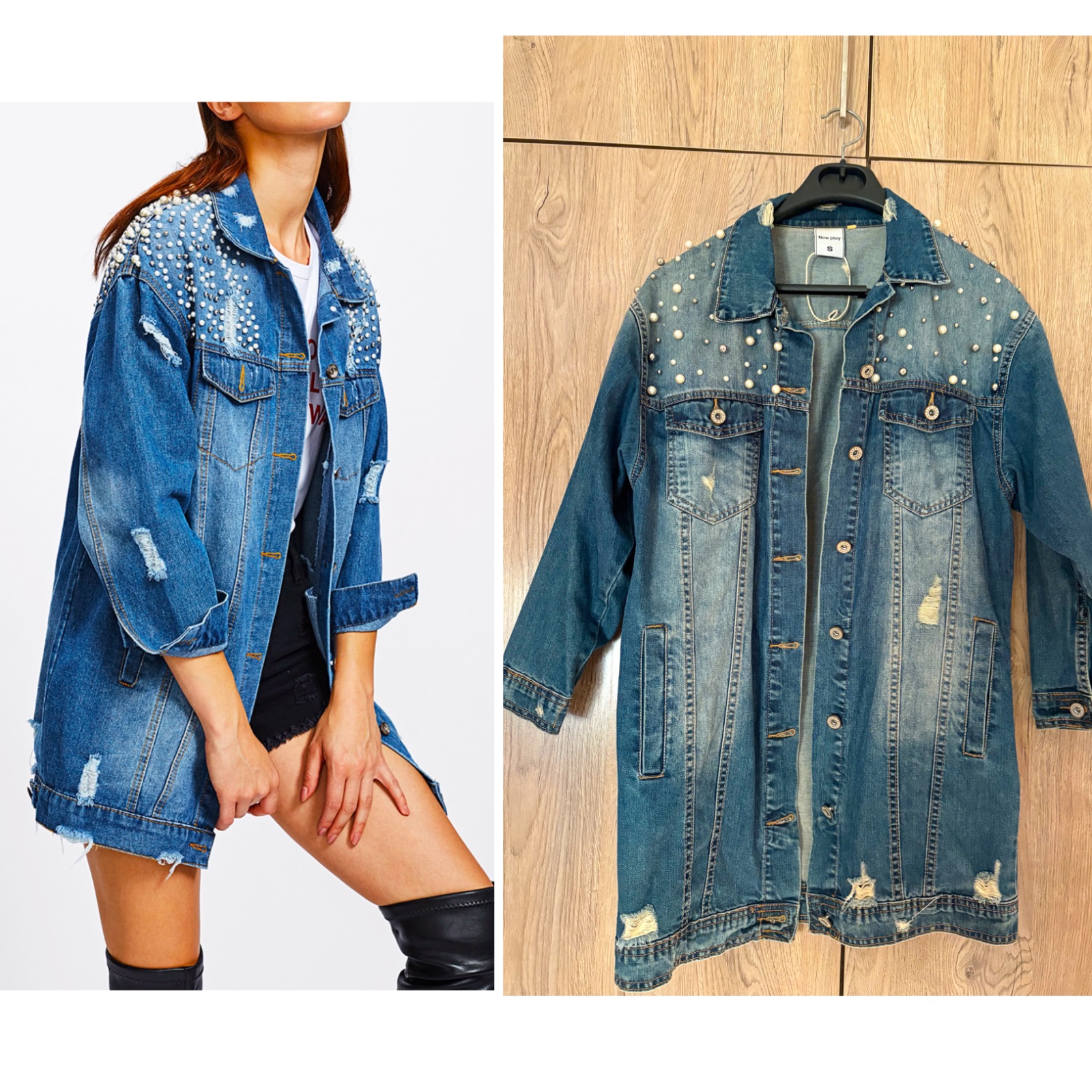 Veste longue oversize en Denim avec perles 