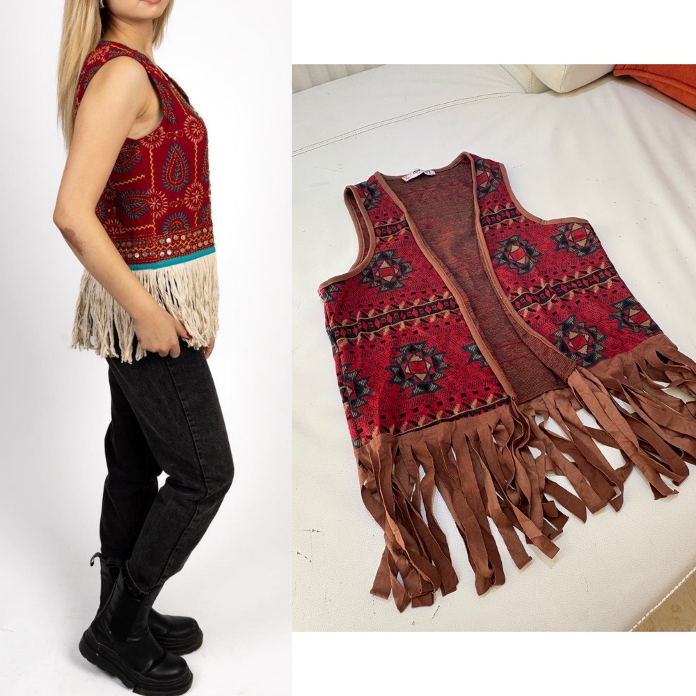 Un gilet sans manches de style bohème avec des franges et un motif tribal