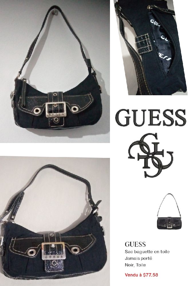 Sac baguette Guess en toile noire et cuir vegan imprimé crocodile noir