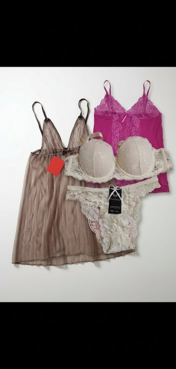  🏷 LOT LINGERIE NEUVE] Top Transparente Chloé + Ensemble Dentelle Blanc Ivoire + Bretelle dentelle rose (différent taille)