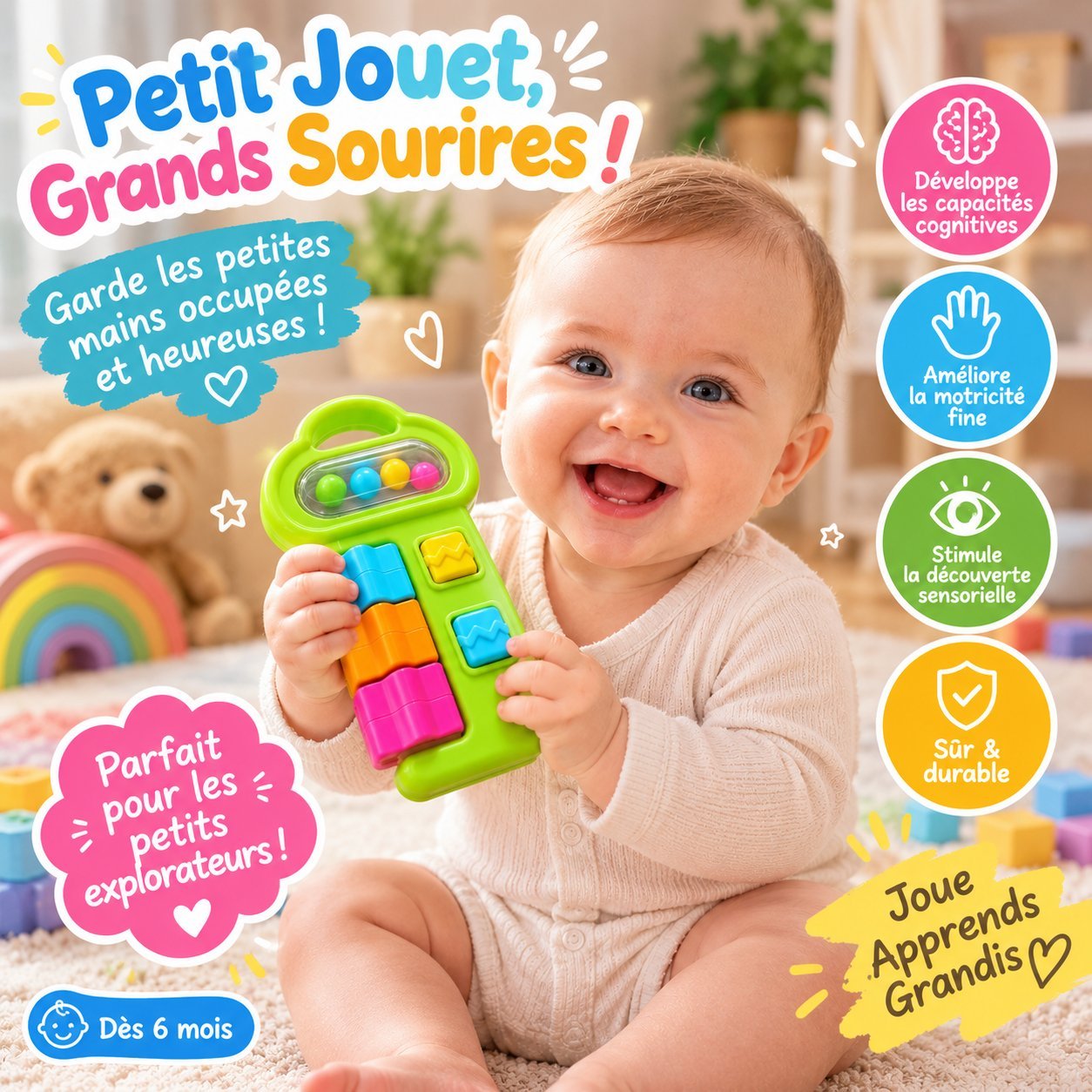 Jouet d’éveil sensoriel pour bébé – Vert et multicolore 👶🏻🌈