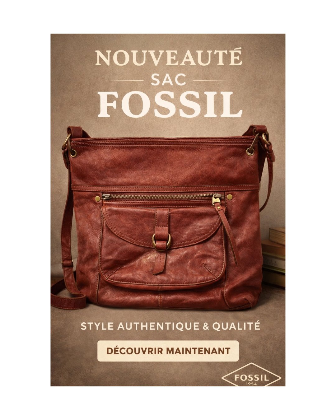 Sac à bandoulière Fossil cuir véritable marron original authentique et raare