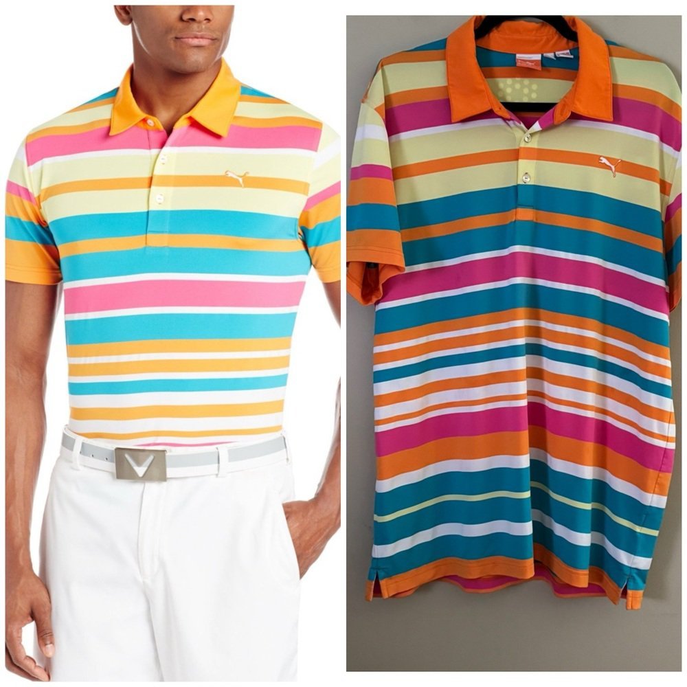 Polo PUMA Golf Sport Lifestyle pour homme, taille xxl, Dry Cell, rayures Roadmap orange/rose