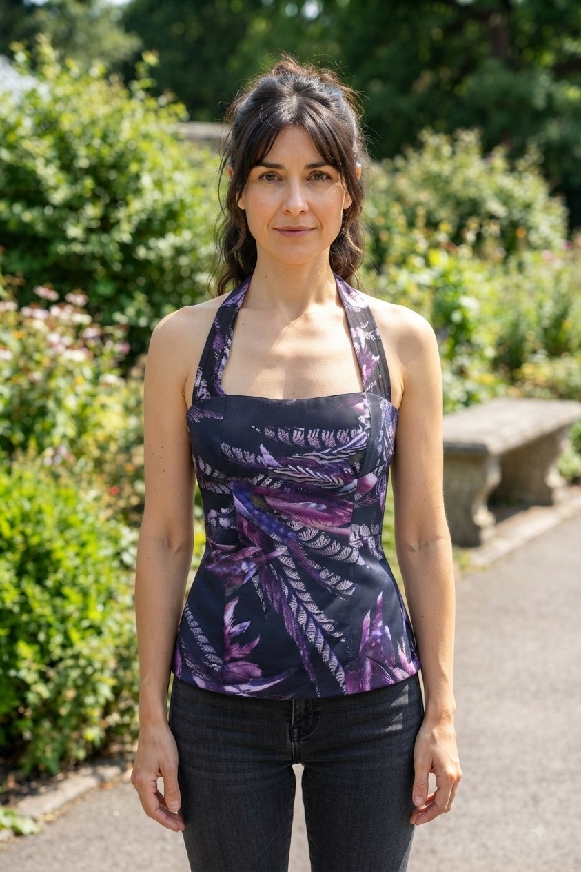Bonne affaire en exclusivité joli Top dos nu Roberto Cavali en soie imprimée ardoise et violet, pièce rare taille 40 authentique magnifique originali