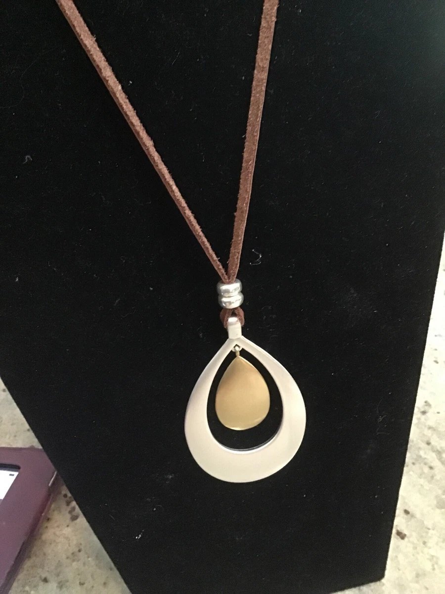 Collier pendentif Lucky Brand bicolore en cuir cognac 32 pouces vraiment original etat comme neuf raaare 