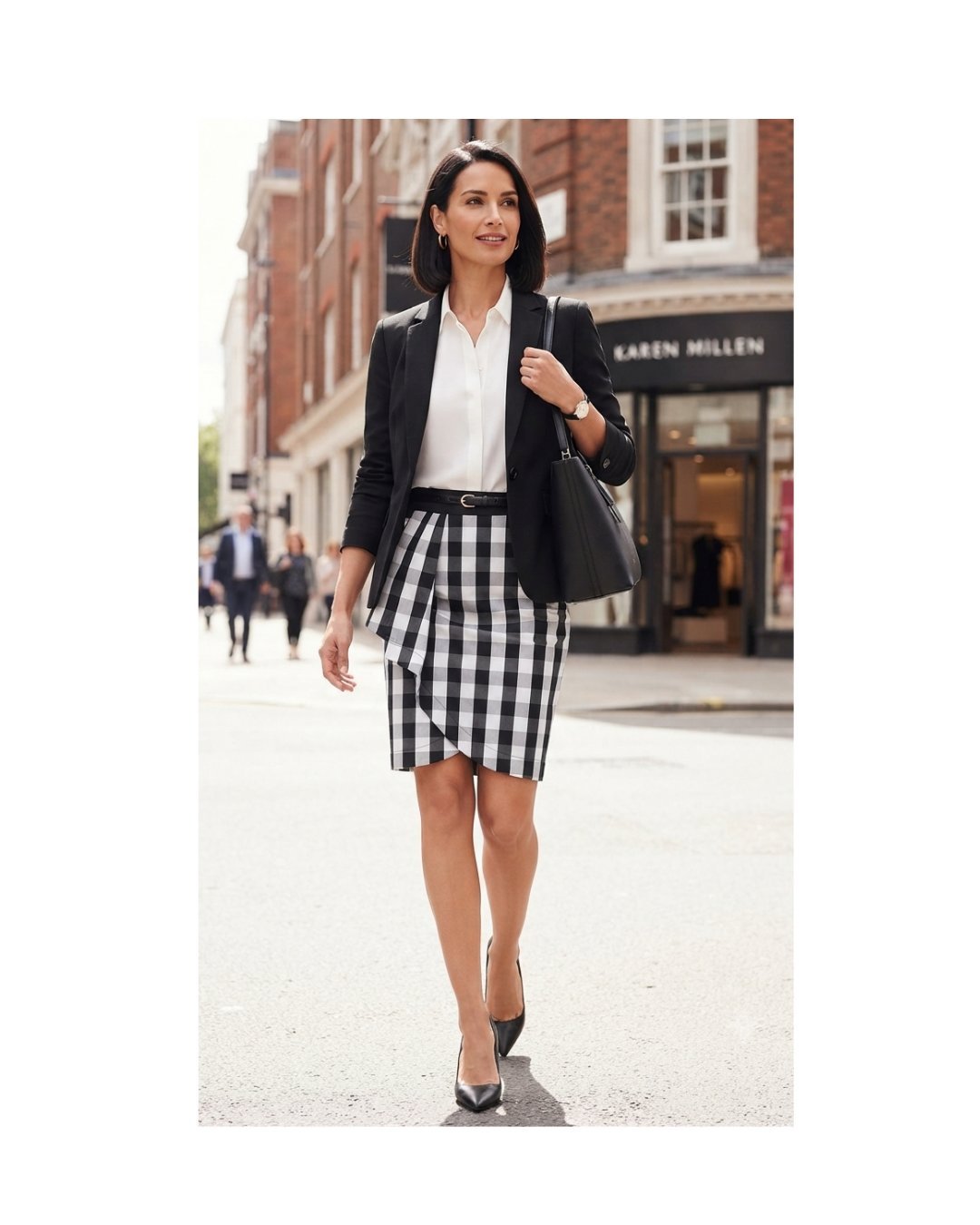 Jupe portefeuille Karen Millen, taille 38 en mélange de coton vichy noir et blanc raare