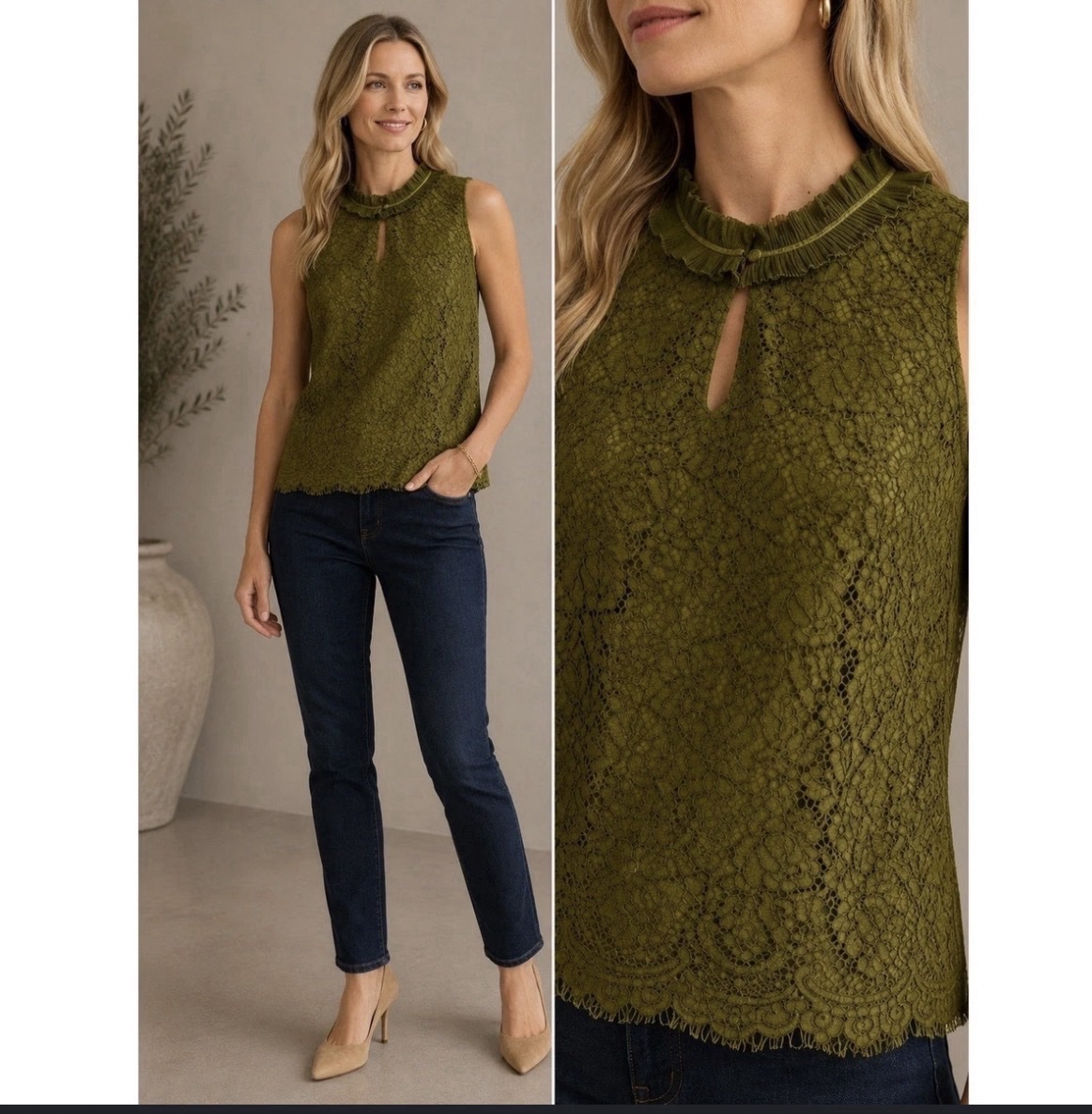Top dentelle J.CREW XS Vert Olive 