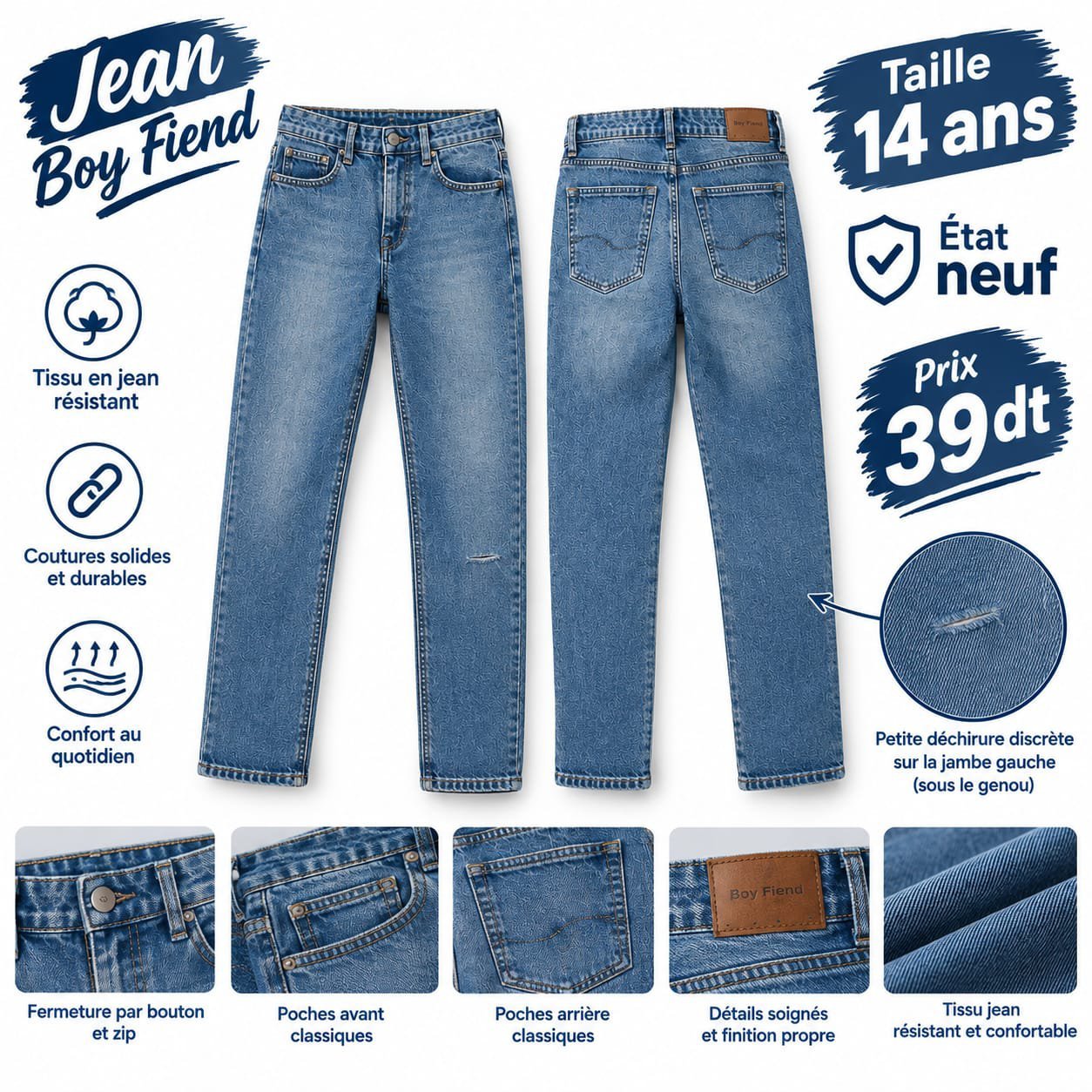 Pantalon jean boy friend taille 14 ans