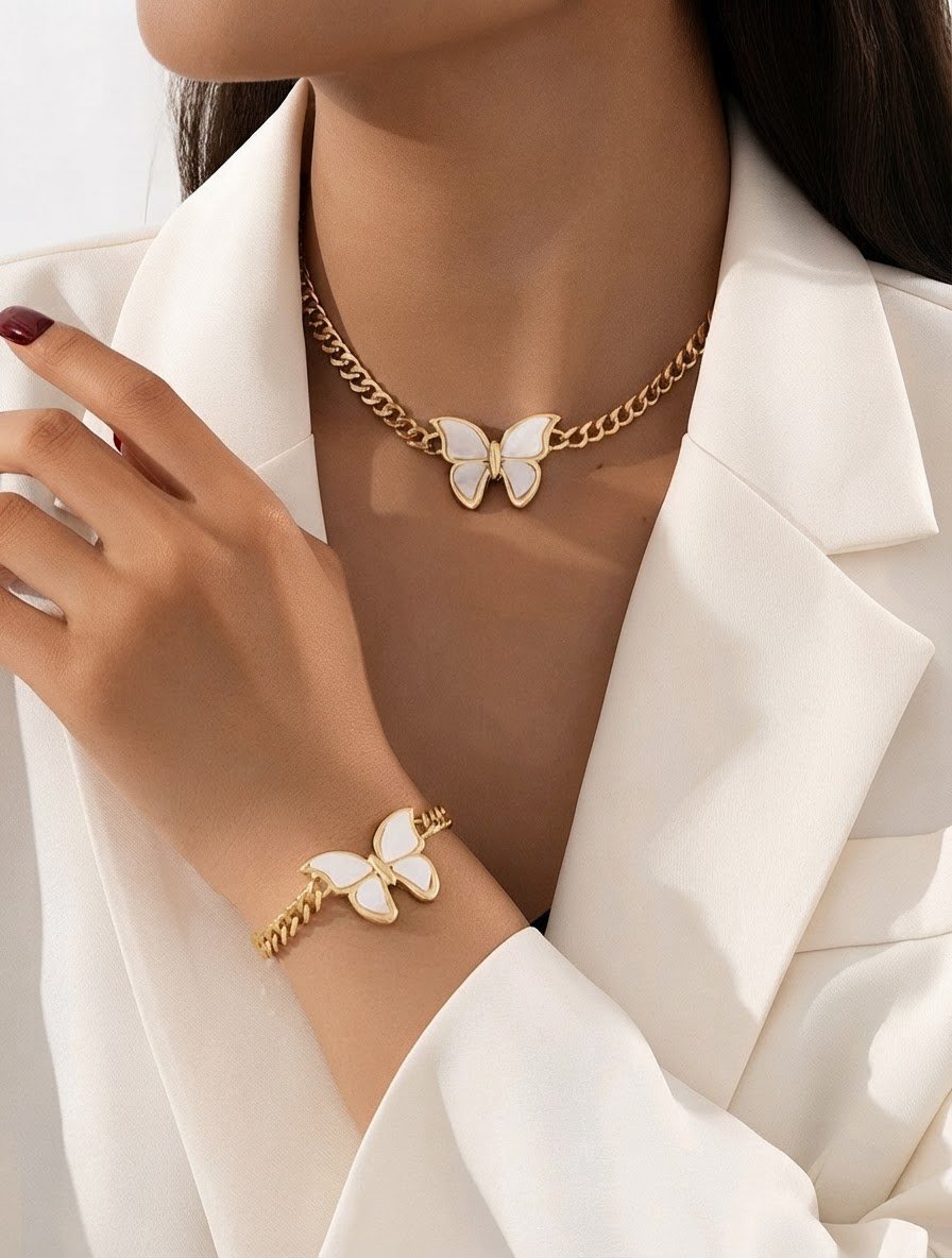 Collier et bracelet papillon blanc
