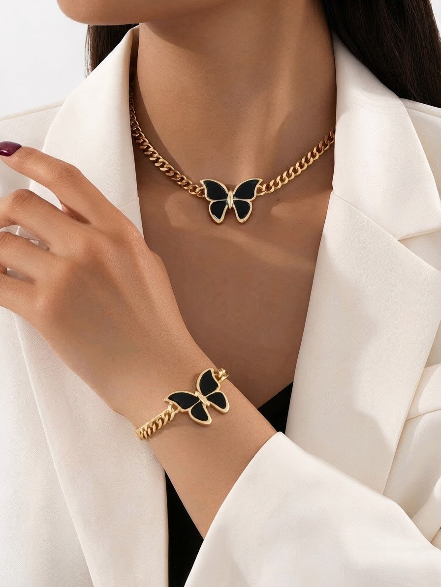 Collier et bracelet papillon noir