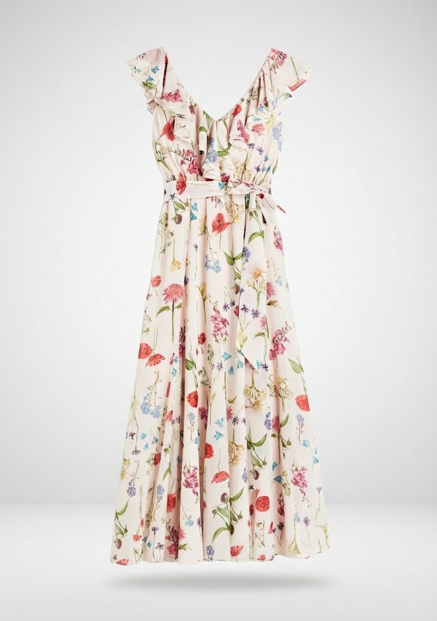 Robe longue en mousseline H&M, crème à fleurs