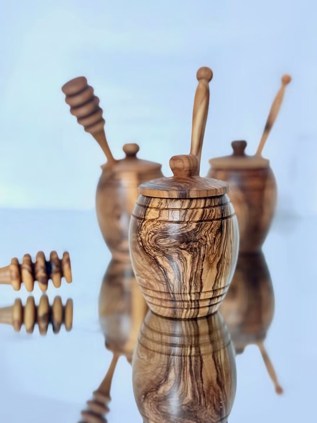 Pot à miel en bois d'olivier avec cuillère -fait Main 