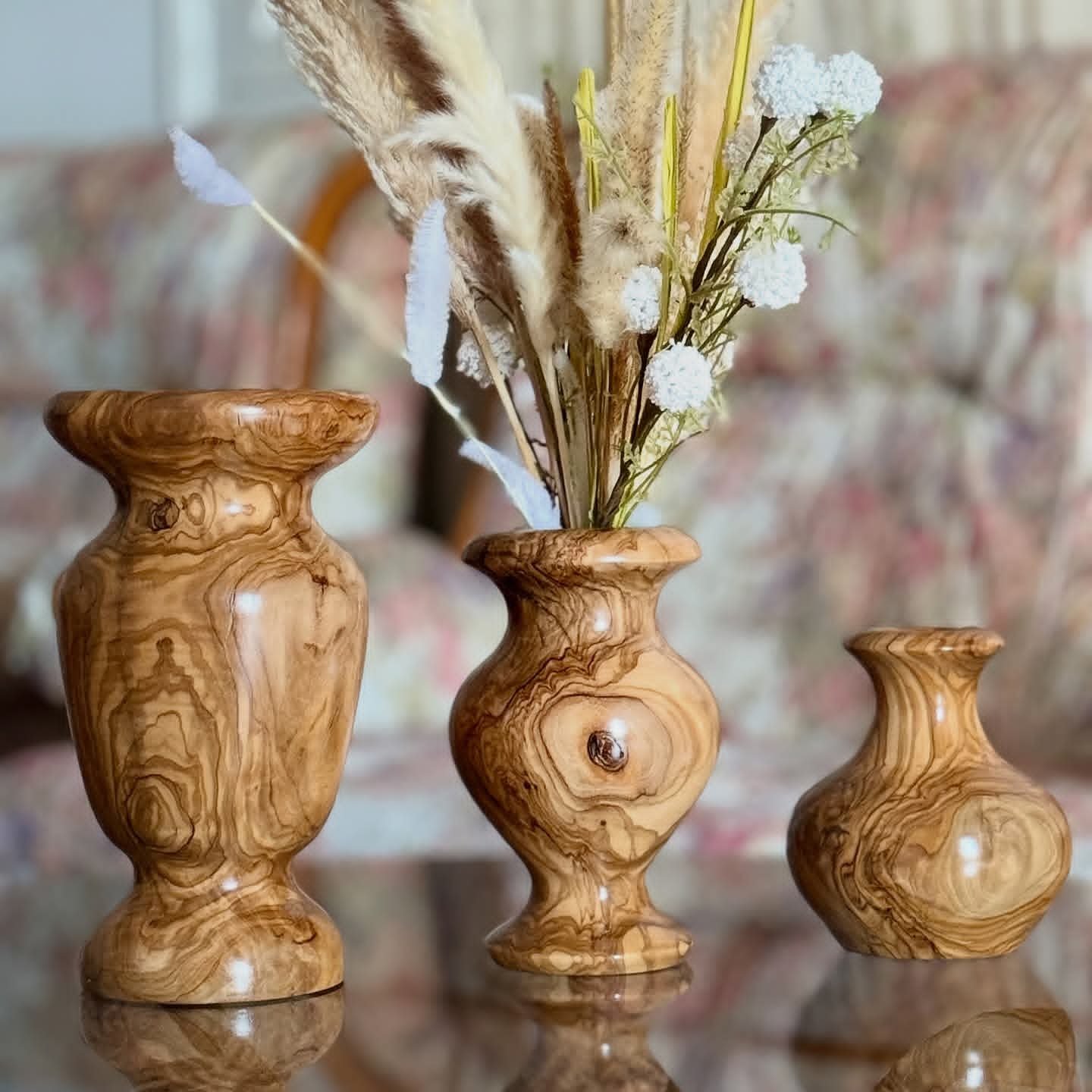 Lot de 3 Vases bois d'olivier - Fait main El Jem - 25/45/65