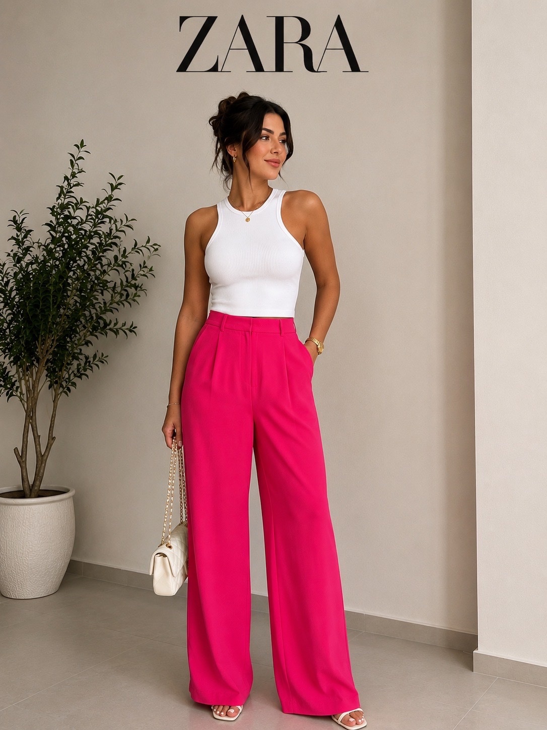 Pantalon large zara rose