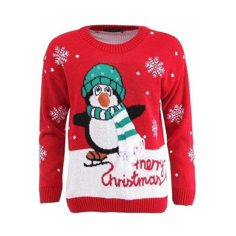 Pull de Noël rouge avec un pingouin et l'inscription "merry Christmas" 