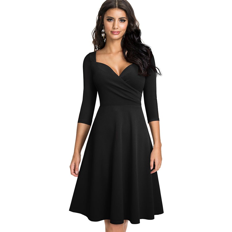 Robe Noir élégante trapèze à jupe évasée 