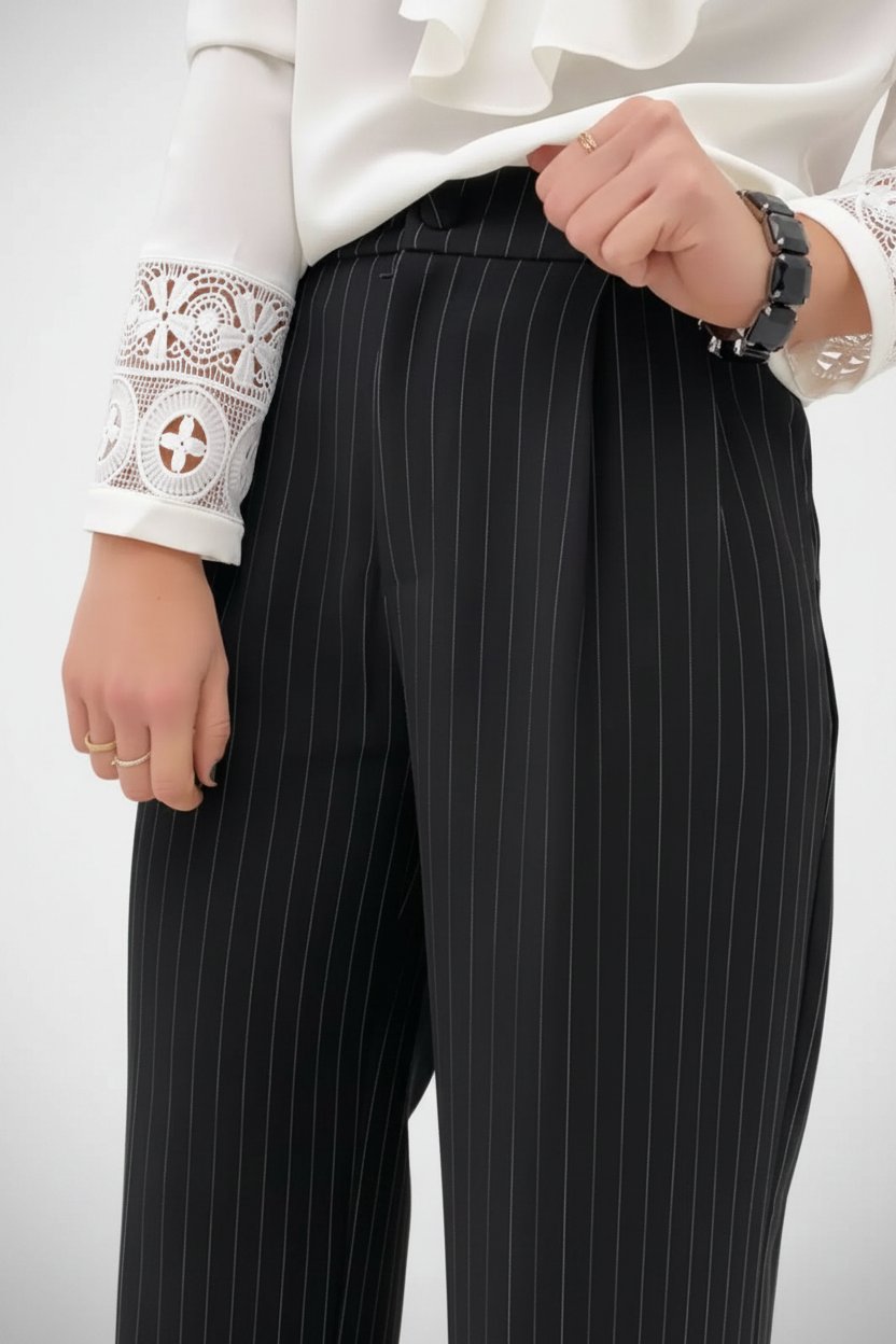 Pantalon noir à rayures blanches fines  Tom Tailor 