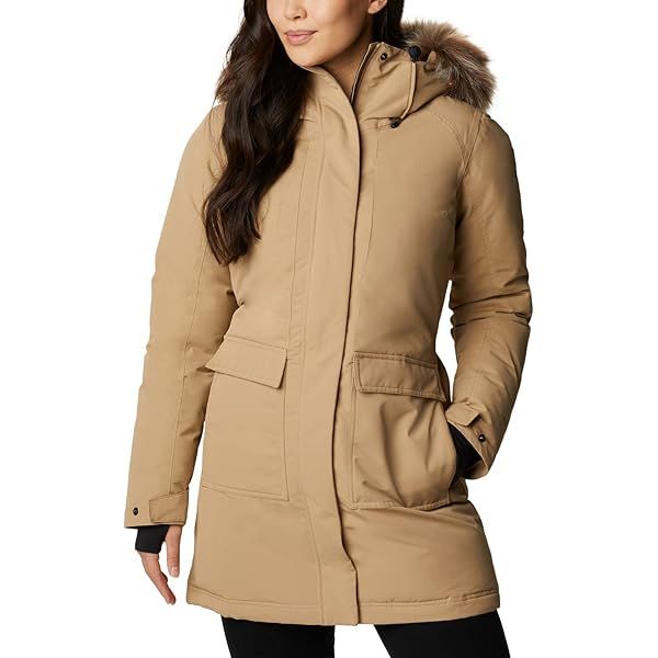 Parka beige à capuche bordée de fausse fourrure 