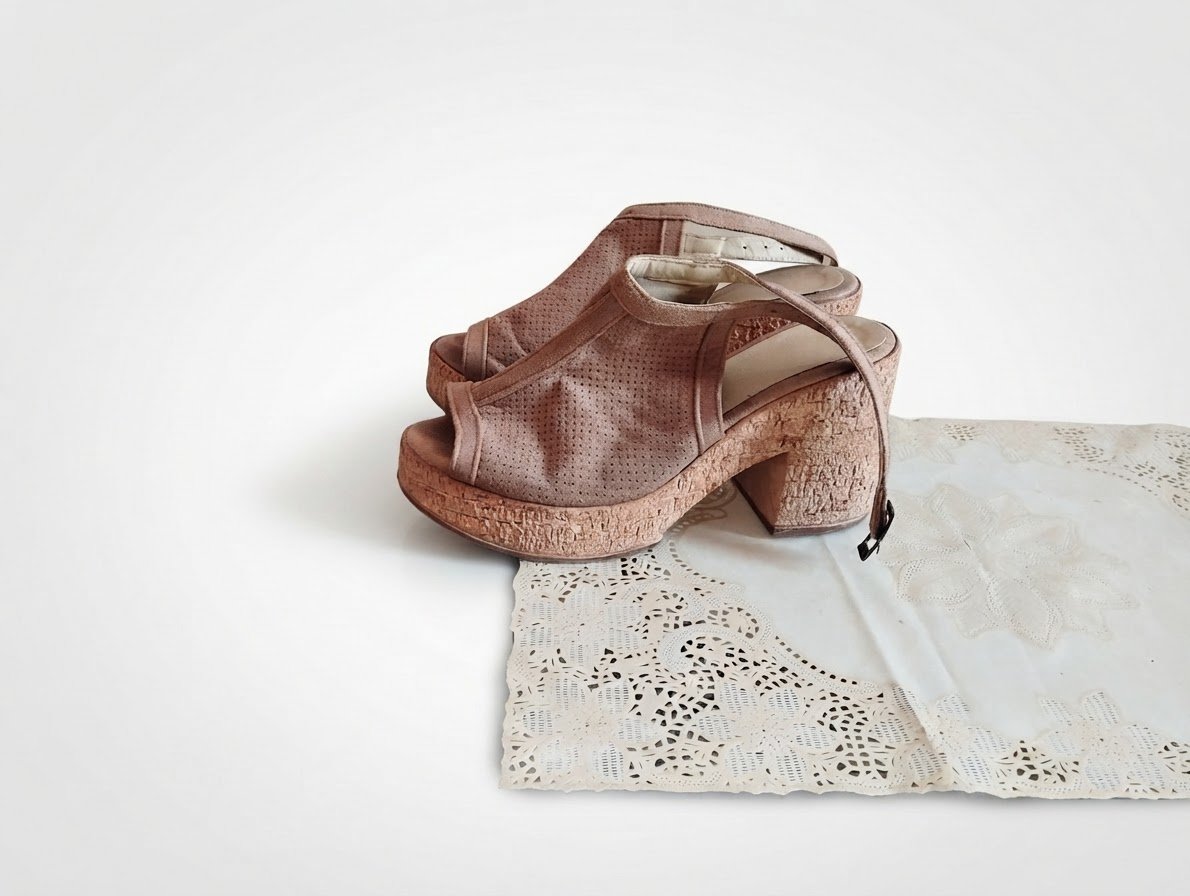  Sandales à talons pour femme en suédine beige clair arborent une plateforme et un talon épais recouverts d'effet liège, ainsi qu'une bride de cheville réglable