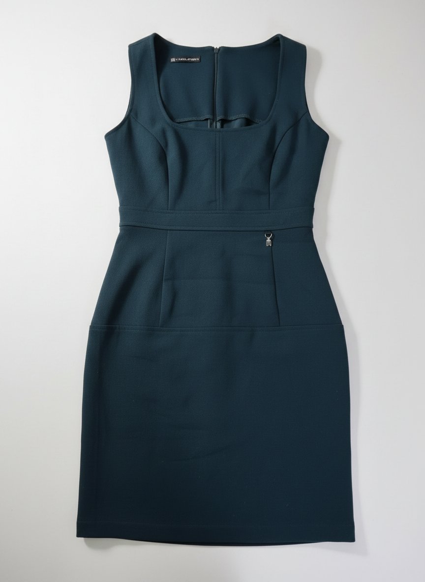 Robe fourreau sans manches vert foncé avec un décolleté carré, un détail de ceinture et une petite breloque dorée sur le devant