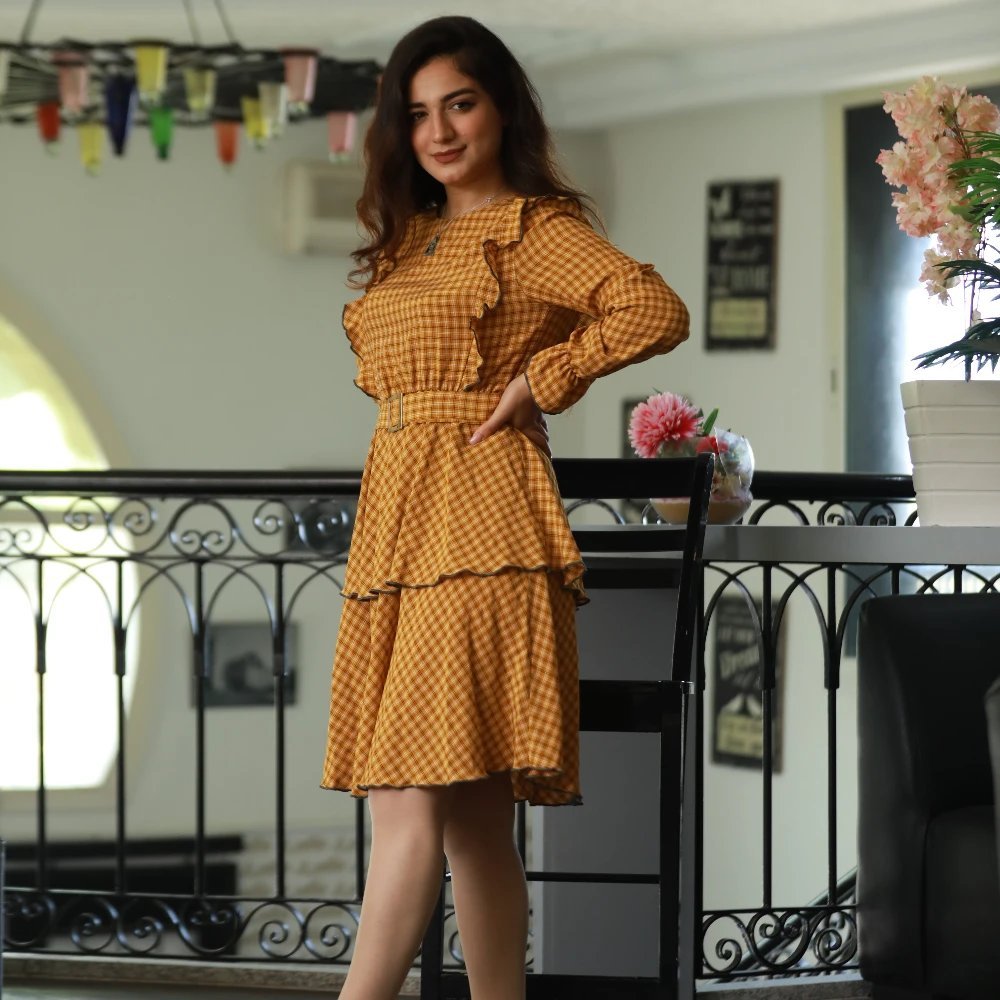 Robe 3/4 moutarde à carreaux 100% cotton