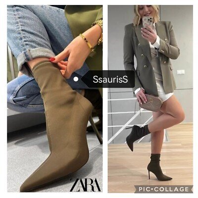  BOTTINES ZARA TISSU ÉLASTIQUE KAKI FONCÉ STYLE CHAUSSETTES POINTU TALON HAUT