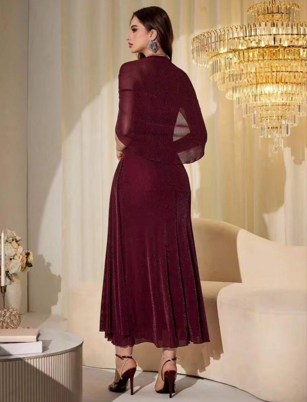Robe longue ajustée élégante avec manches en maille et fil brillant pour femmes, printemps/automne