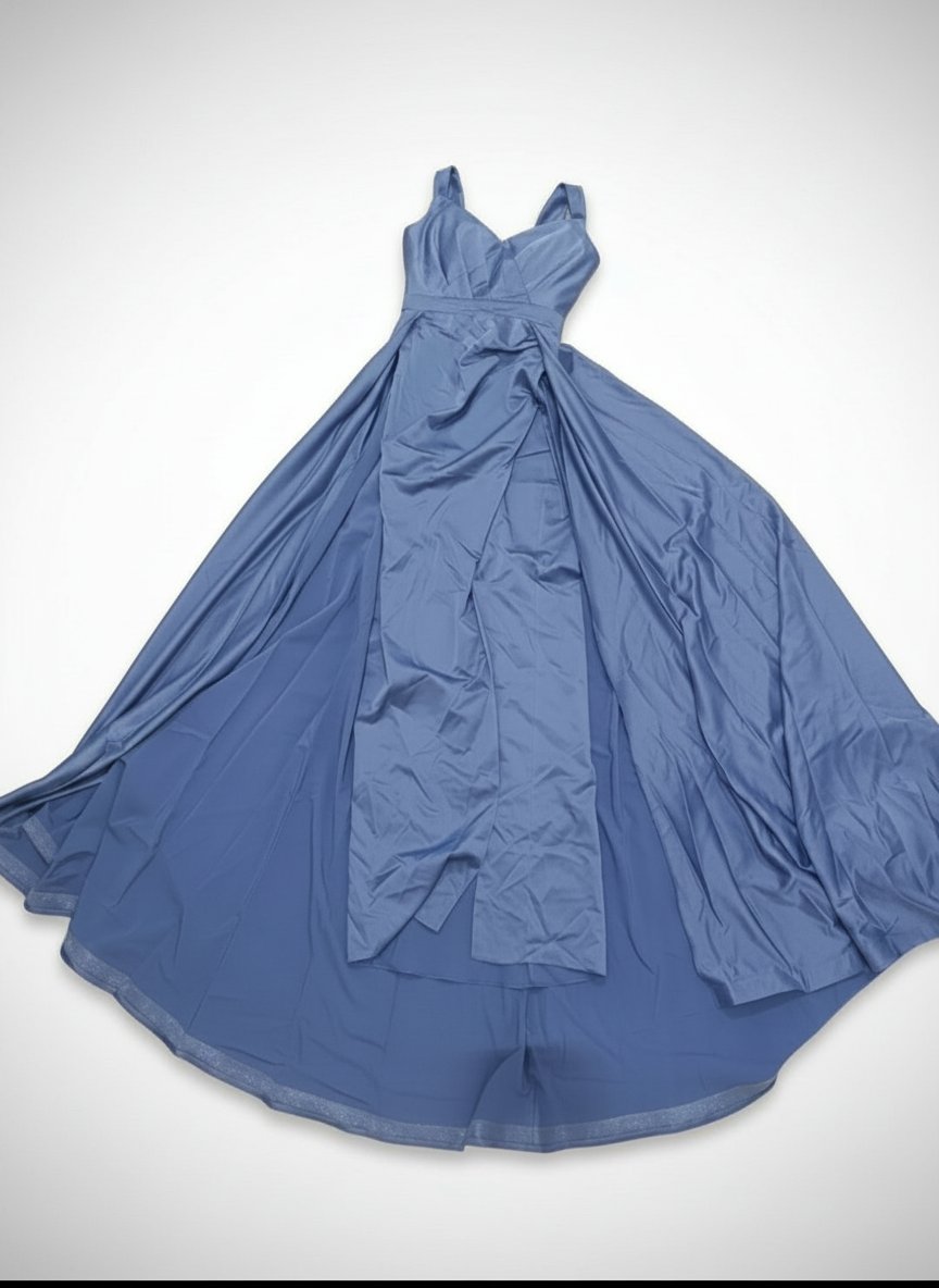 Magnifique robe de soirée en satin bleu acier – Taille 36 (Made in Turkey)
