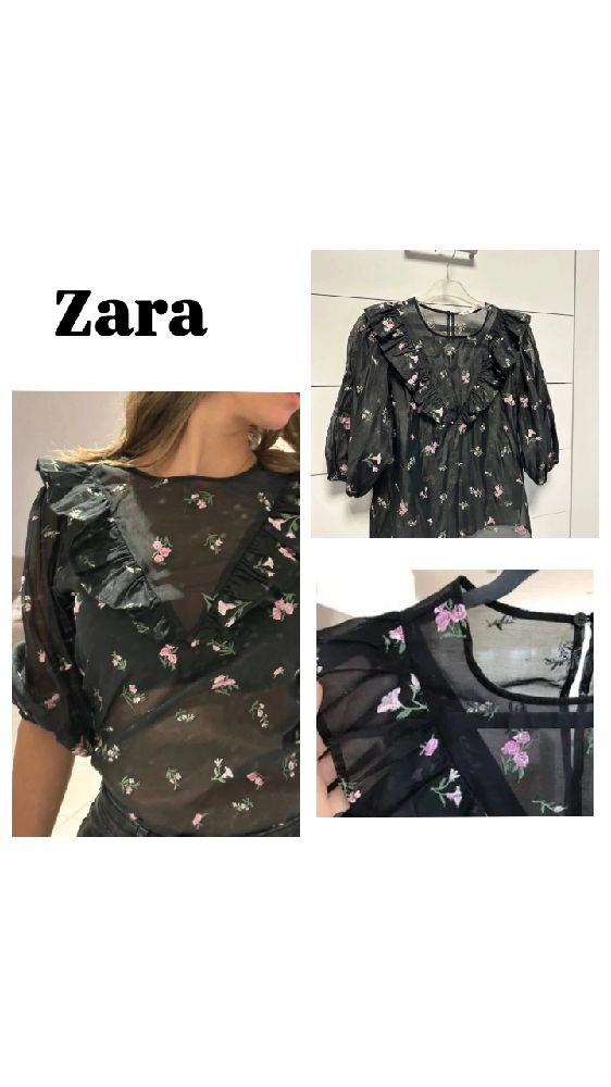 ZARA FLORAL BLOUSE TULLE FLORAL BLACK