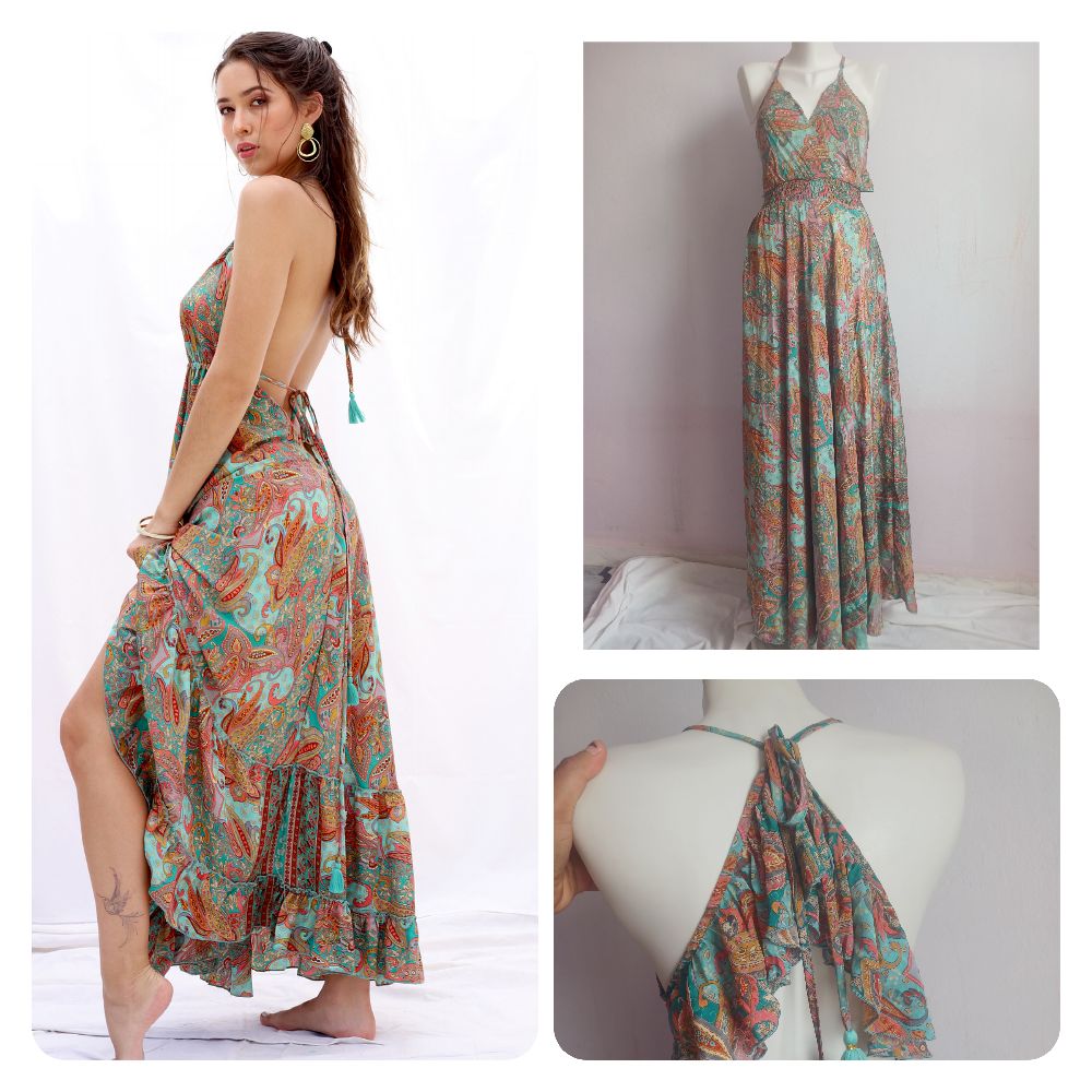 Robe Creme Boheme. 70% SOIE. Indienne. Taille S/M