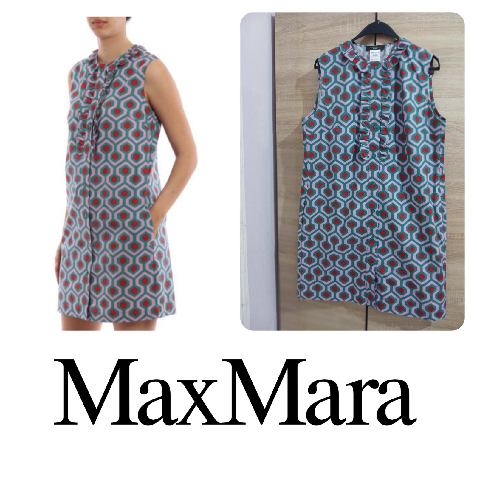 Robe-chemise sans manches en coton,🥀⚘️🥀⚘️ à col rond,MAX MARA empiècements à volants, patte de boutonnage et imprimé géométrique. Taille 44/2XL