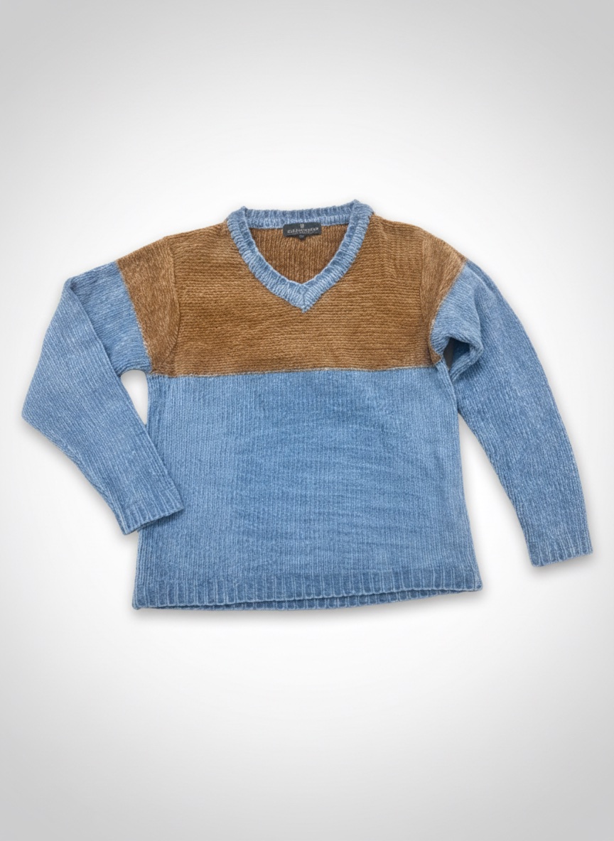Pull femme bicolore col V marron et bleu