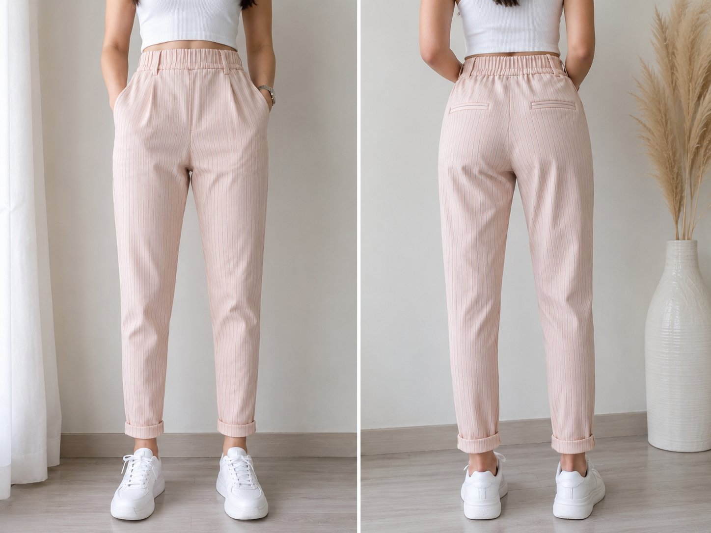 Pantalon Rayé Rose Poudré Taille Haute