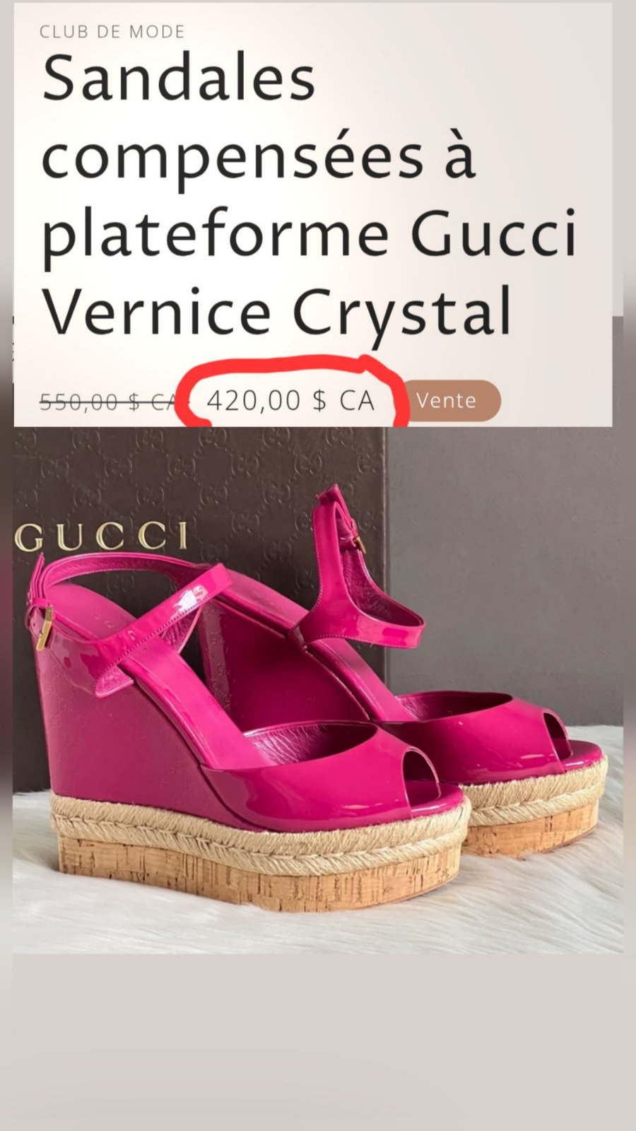 🔥✨️Sandales compensées Gucci authentiques – Cuir verni fuchsia🔥✨️