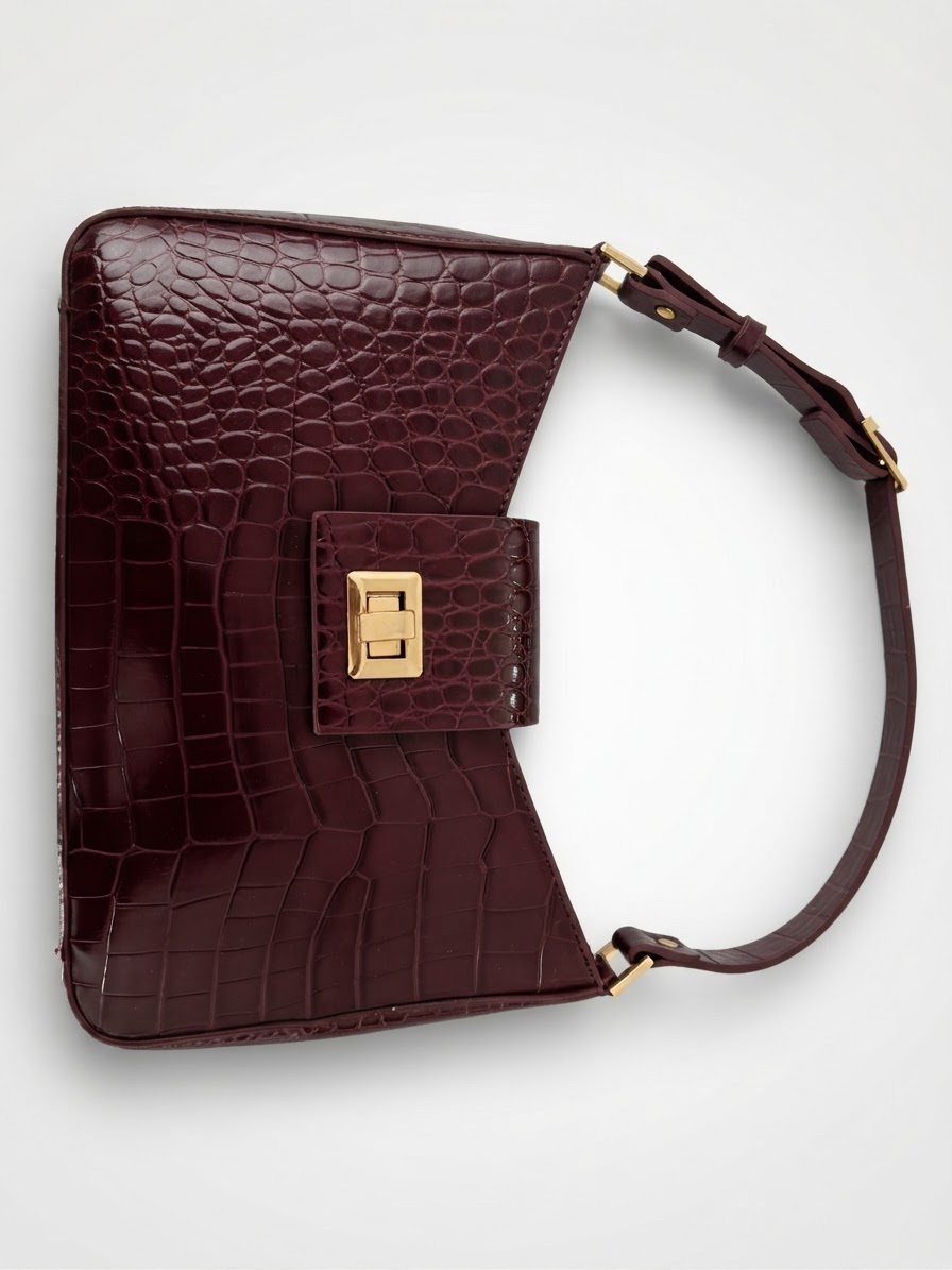 Sac baguette effet croco bordeaux / marron glace avec boundoulieres 