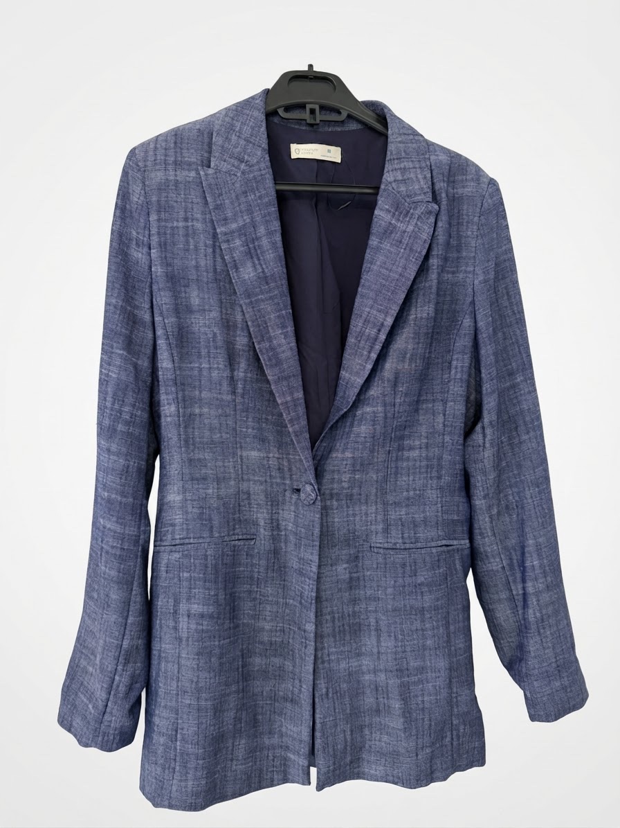 Ensemble tailleur veste & pantalon large bleu effet lin 