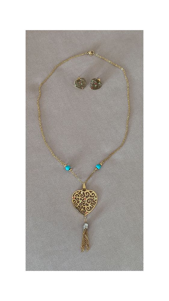 Collier & boucles coeur filigrane   