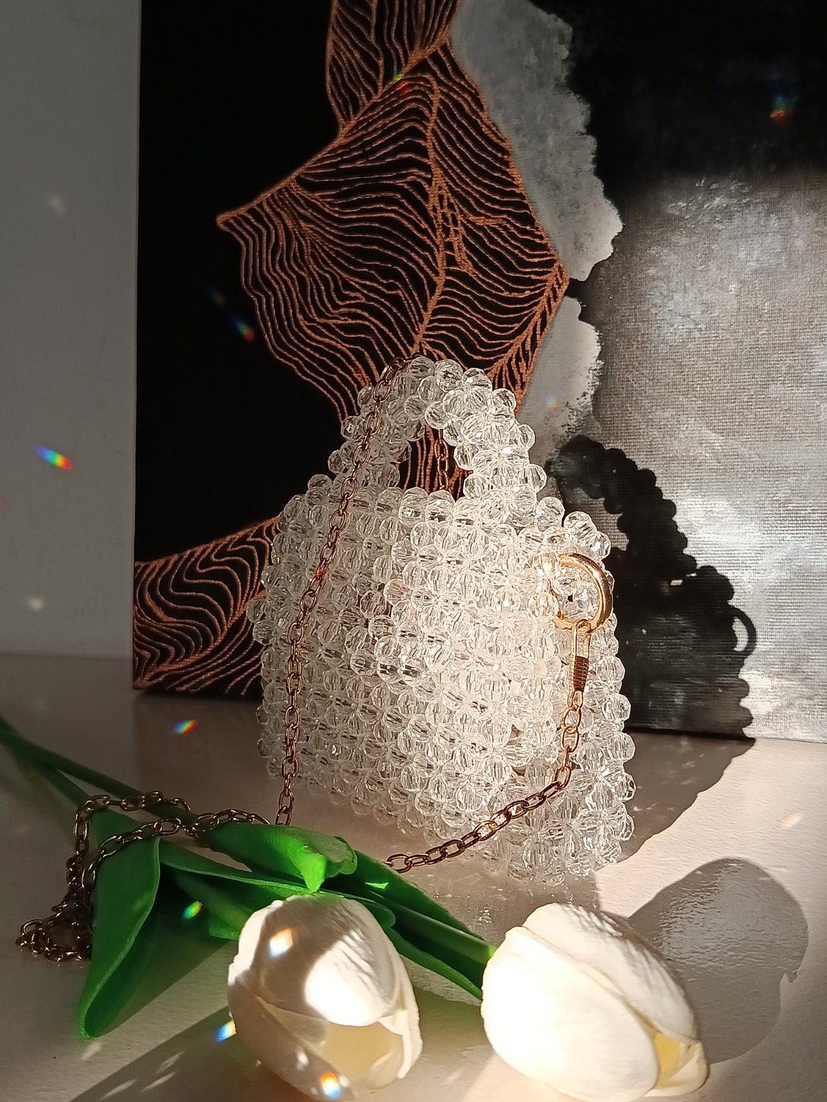 Mini sac à main transparent en perles avec chaîne dorée - Pinctada