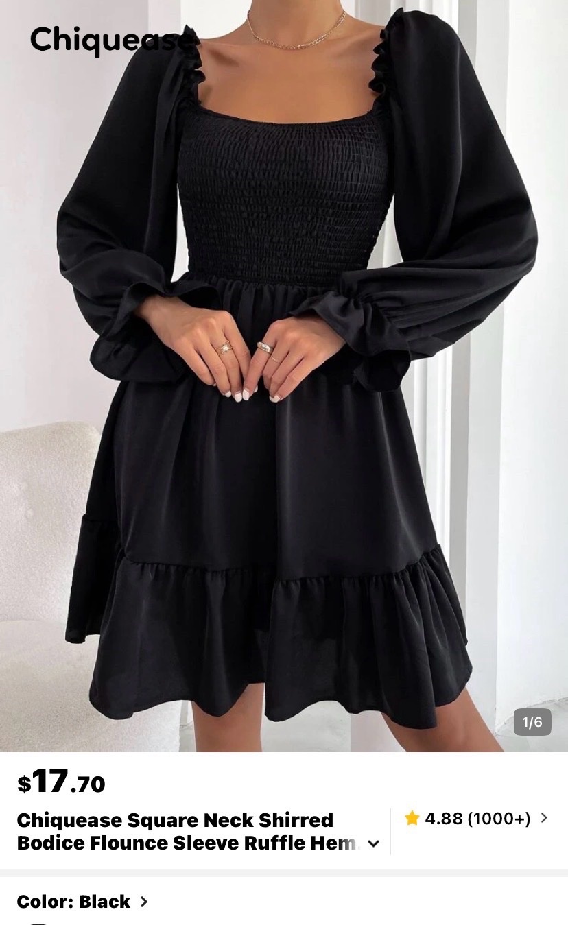 Robe noire manches longues style babydoll col carré