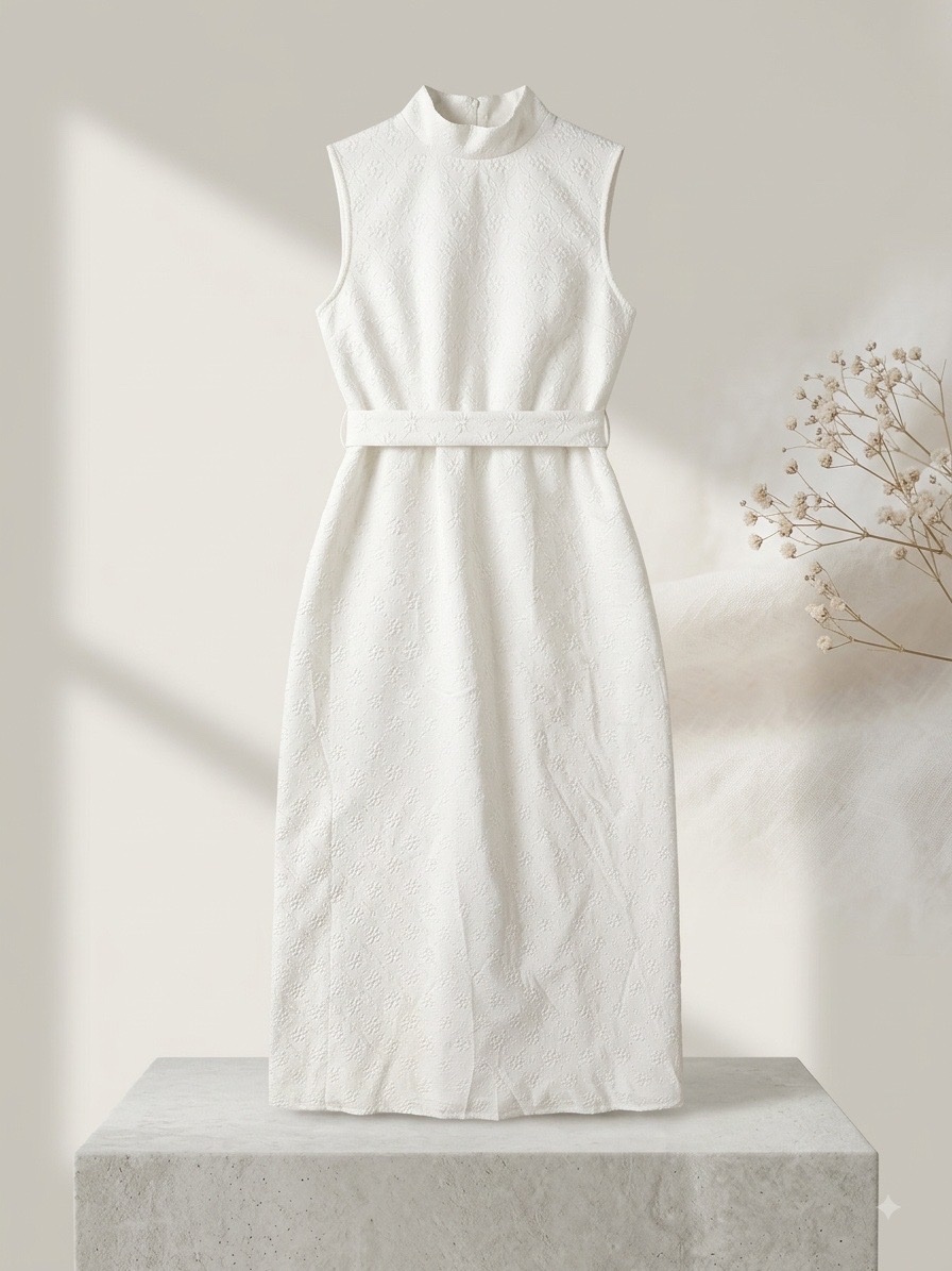 Longue Robe Blanche Texturée à Col et Ceinture
