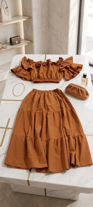 Ce superbe ensemble d'été marron brique se compose d'un top court à volants (crop top) et d'une jupe midi à plusieurs niveaux (tiered skirt), accompagné d'une pochette froncée assortie. C'est le look idéal pour une tenue à la fois bohème et élégante