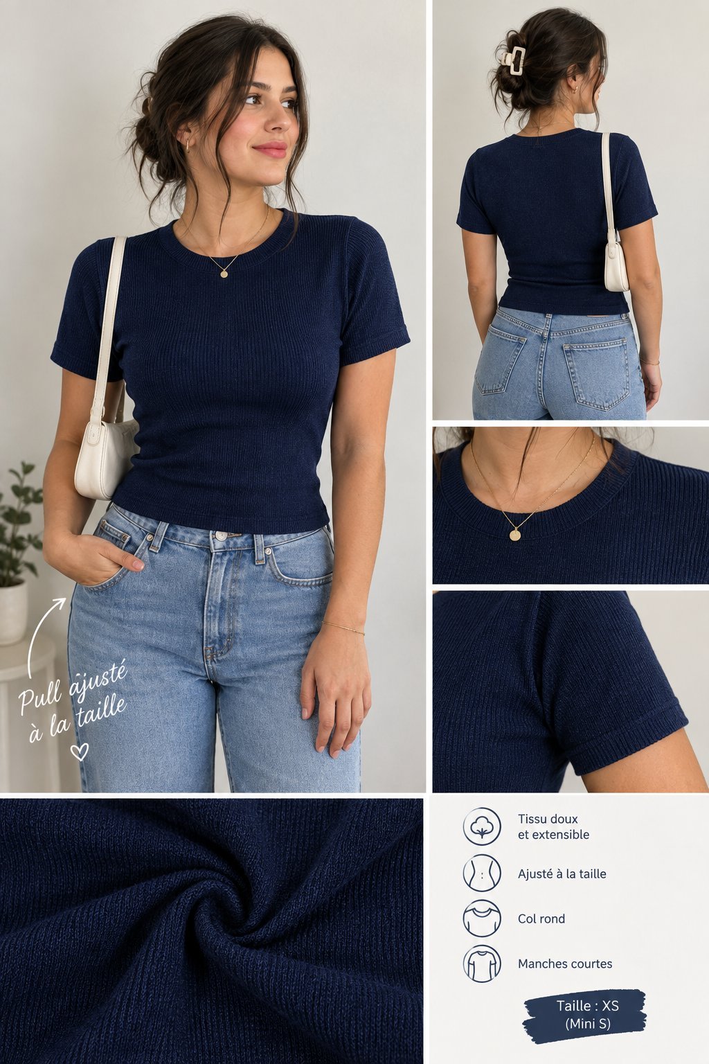 Pull moulant côtelé bleu marine