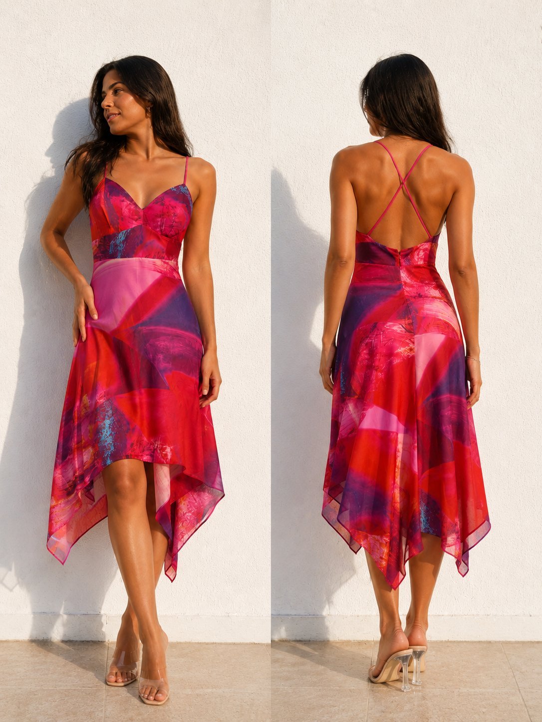 Robe satinée colorée – Rouge, rose & violet