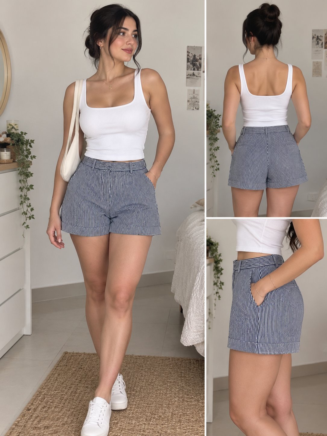 Short tailleur rayé bleu marine & blanc – Style chic